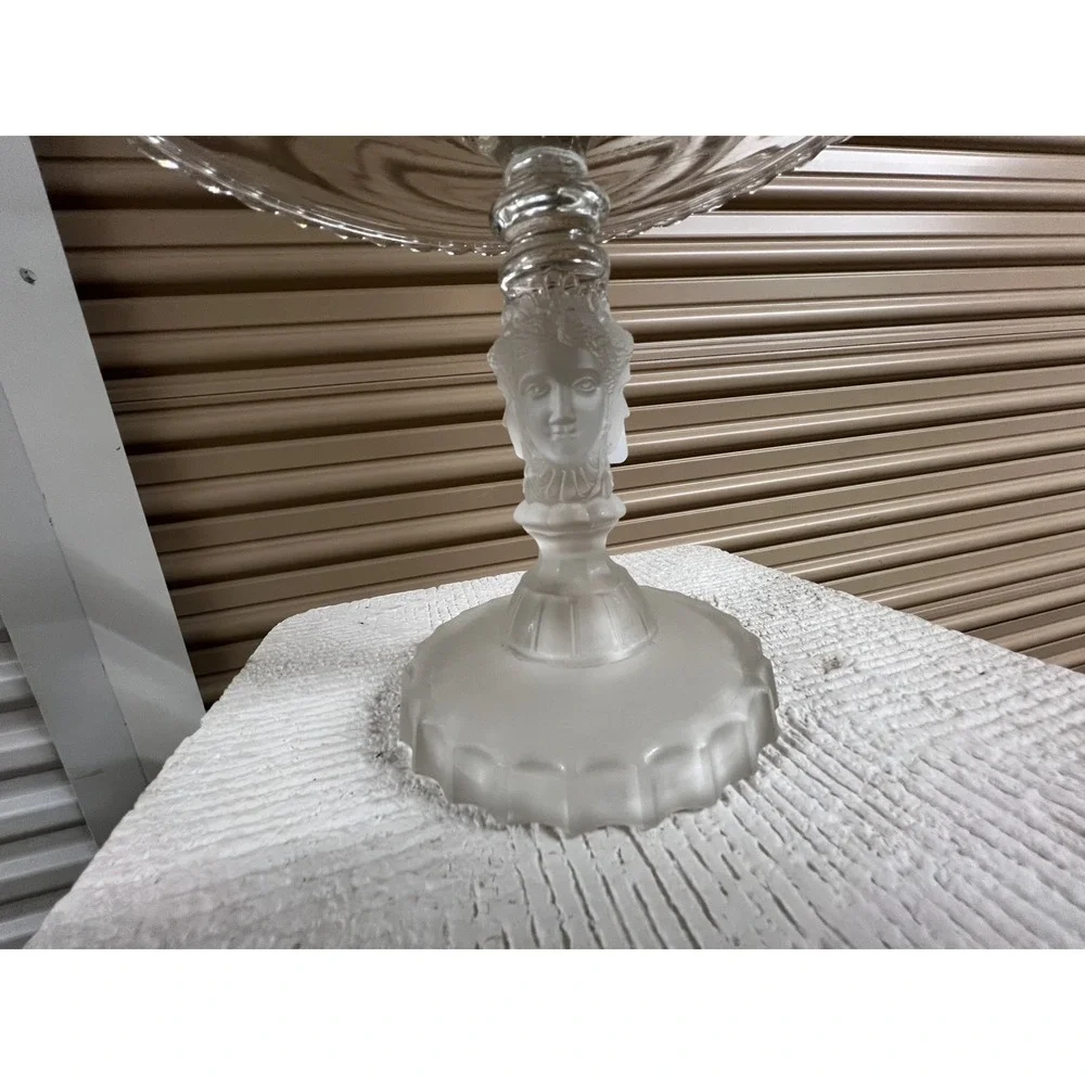 Rare Pedestal Cake Stand Frosted THREE FACES Duncan Miller Pressed Glass